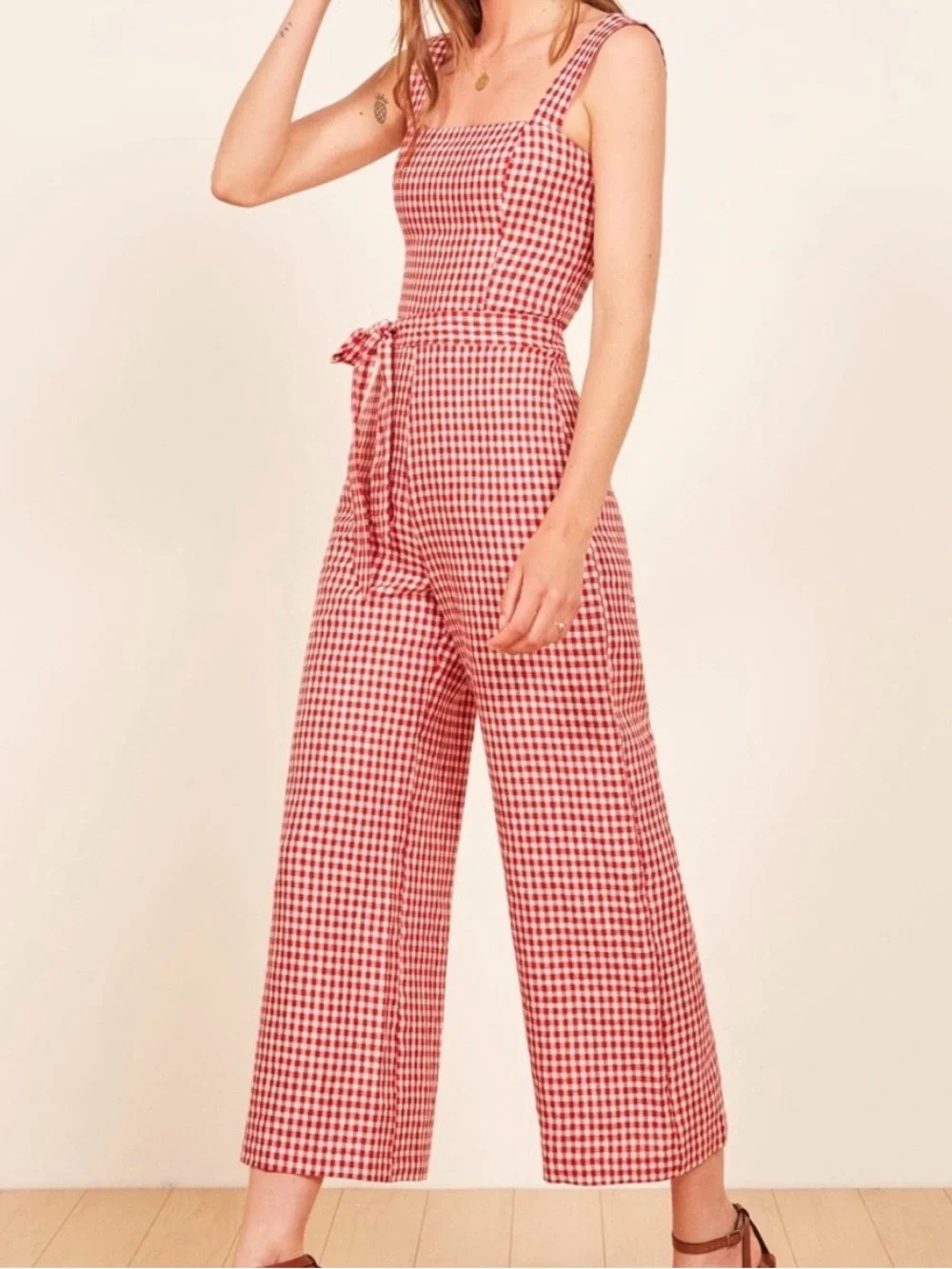 Reformation Birch Jumpsuit in Red May Check 100% Linen size 8.